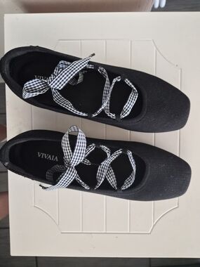 Vivaia Black Ballet Flats with Gingham Ribbon Laces